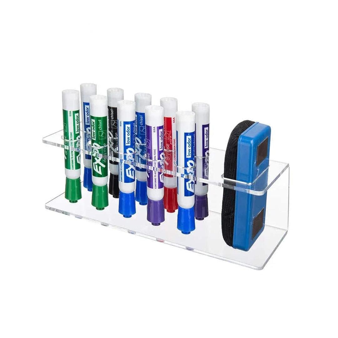 Clear Wall Mounted Marker Holder, Dry Erase Marker Holder | Sturdy Acrylic Material, Mounts To Wall, Marker Tip Slot Keeps Markers In Place | Holds 10 Markers & 1 Eraser (2.9x9.5x3.5in)