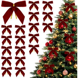 2 x 24pcs Velvet Bows for Christmas Tree - Red Bows for Christmas Tree for Garland Wreath Rustic Crafts Gift Indoor Outdoor Xmas Decorations