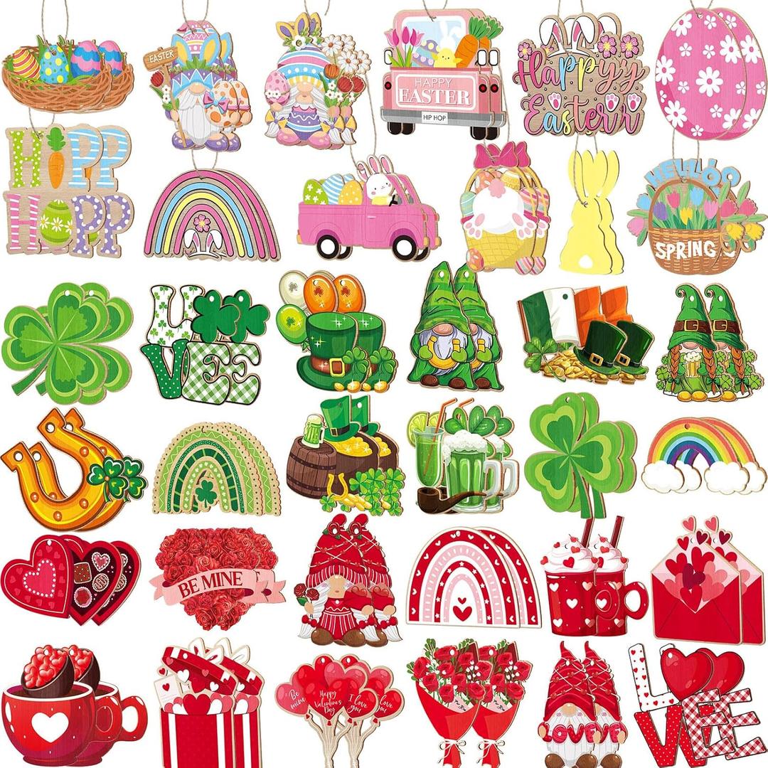 72 Pcs Valentine's Day Hanging Ornaments for Tree St. Patrick's Day Shamrocks Gnome Hanging Ornaments Happy Easter Egg Gnome Bunny Chick Cutouts Party Decorations(Flat Style,Wood)