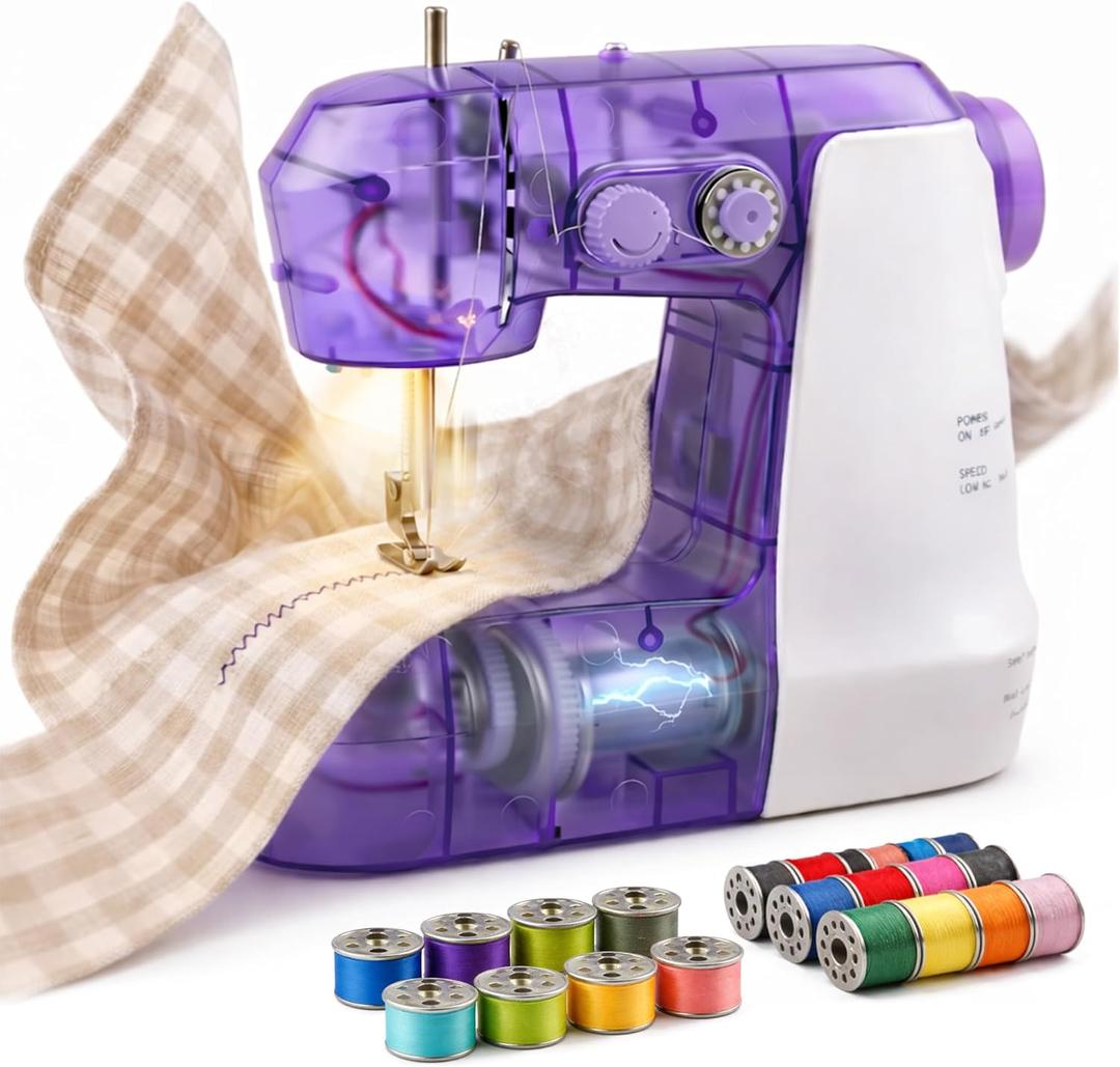 Flying Banana Mini Sewing Machine for Beginners Kids, Portable Electric Dual Speed Repairing Mending Tool with Light Foot Pedal, Household Travel DIY Kit, Transparent Purple