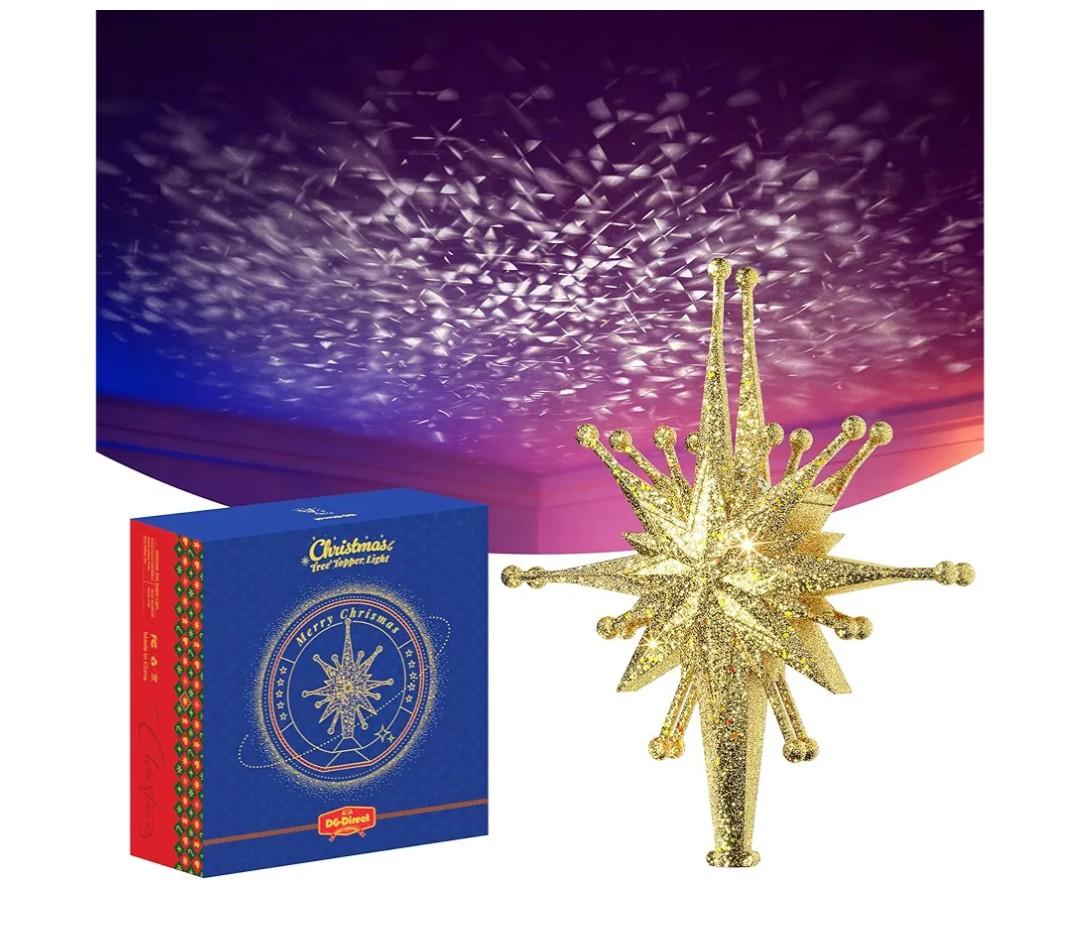2025 Upgraded Christmas Tree Topper Projector Light with Rotating Bright LED & Wide Coverage, Universal Fit for Any Height Tree, Easy Install, Stable Base, Holiday & Party Decorations (Starlight Gold)