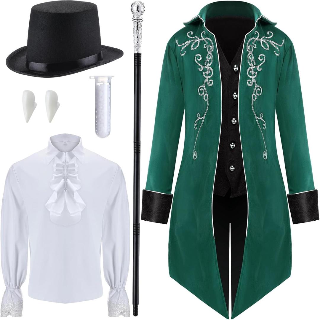 Halloween Men Vampire Costume Adult Male Victorian Tailcoat Jacket, Pirate Shirt, Top Hat, Staff, Fang, Bead (X-Large, Green)