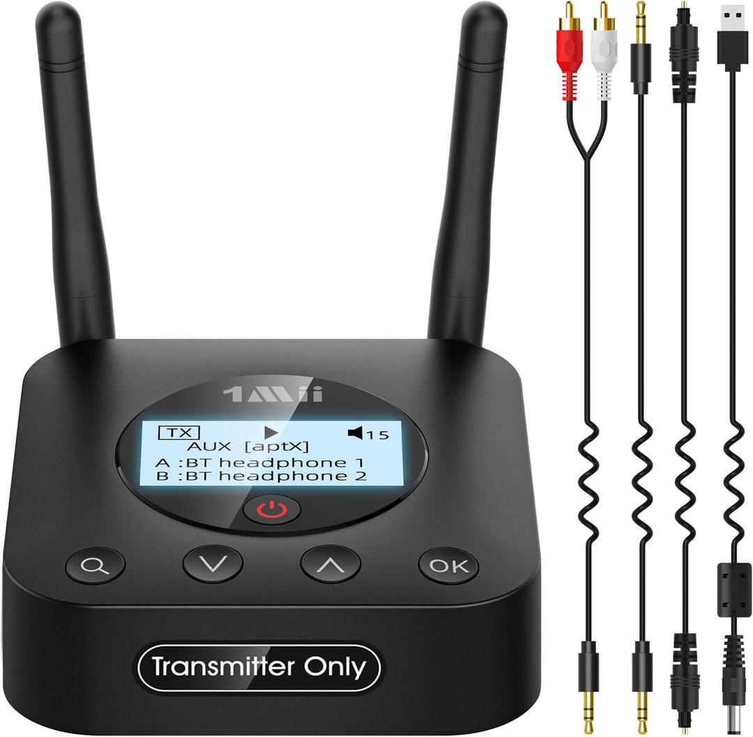 1Mii B06TX+ Long Range Bluetooth 5.3 Transmitter for TV/PC/Projector to 2 Wireless Headphones/Speakers, Bluetooth Adapter for TV w/Screen Display, Plug n Play, aptX Low Latency & Adaptive & HD Audio (Black)
