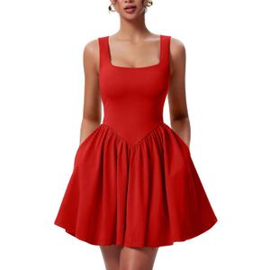 YMDUCH Women's Summer Sleeveless Square Neck A-line Ruffle Hem Mini Tank Dress with Pockets (Medium, Red)