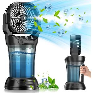 30000 mAh Portable Misting Fan with RGB Ambient Light, 2000 mL Water Tank Bucket Rechargeable Camping Mist Fan with 120° Auto Oscillating Perfect for Patios Fishing Travel Garden Party Golf Tent