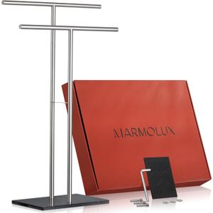 Towel Stand  Freestanding Towel Rack for Bedroom & Bathroom, Heavy-Duty Towel Drying Rack with Sturdy Base, Stylish Modern Free Standing for Spa & Home 1.6'x2.7'x0.7' (Brushed Steel Stand W/ Black Marble Base)
