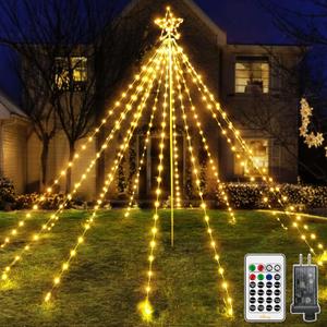 Ollny Christmas Lights Tree 340LED with Topper Star, IP67 Waterproof Remote Control Waterfall Lights with Pole, 16 Modes 3 Timers Dimmable Light Decorations for Outdoor Yard Garden Lawn(Warm White)