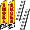 2 Set Smoke Shop Feather Flag Pole Kit Smoke Shop Sign Banner Advertising Feather Banner for Outside Outdoor Business Decoration(11 ft)