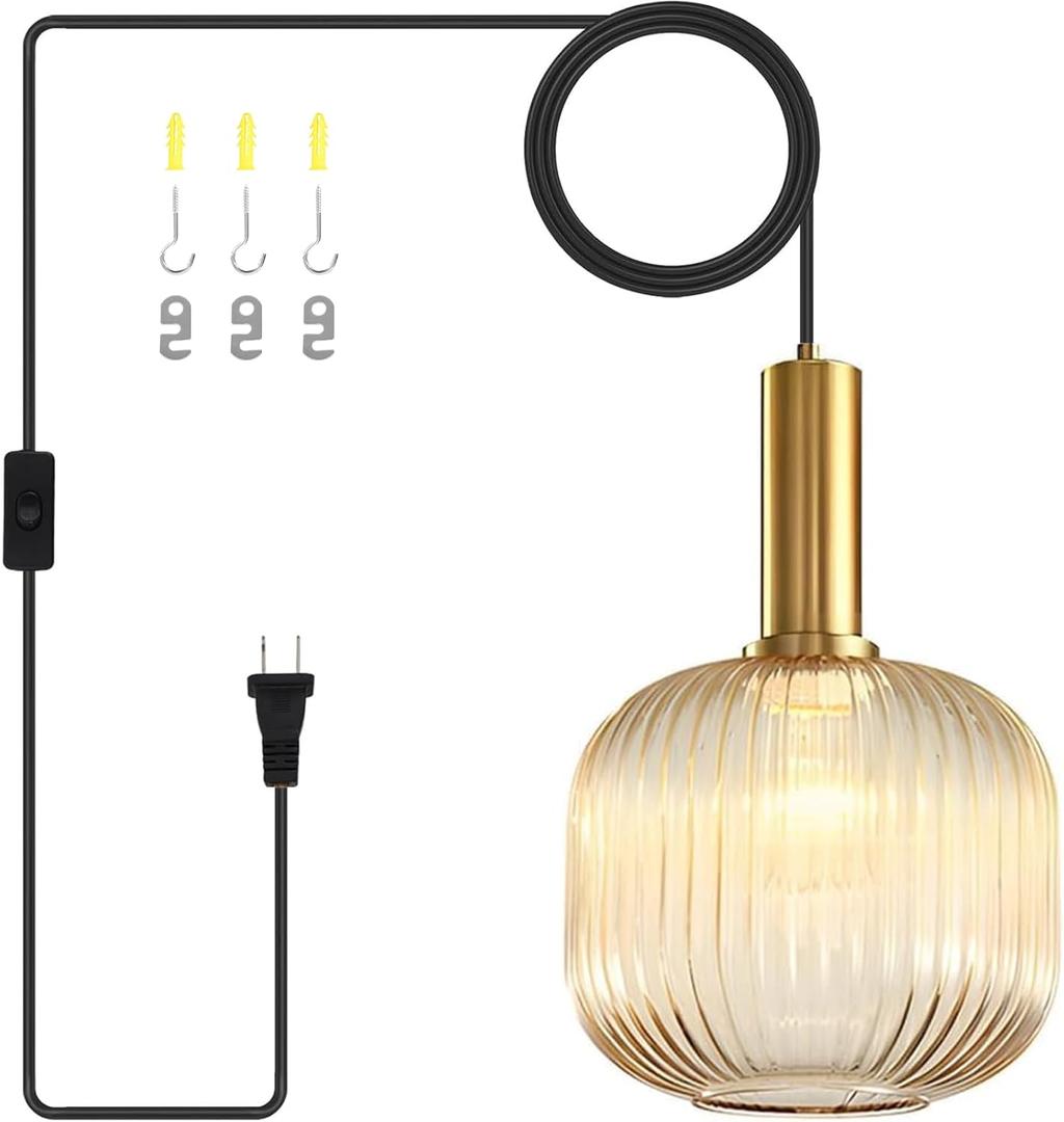 Amber Plug in Pendant Light, Mid Century Modern Hanging Light with Plug in Cord Ribbed Glass Shade, Vintage Gold Hanging Lamps for Living Room, Bedroom, Kitchen, Dining Room