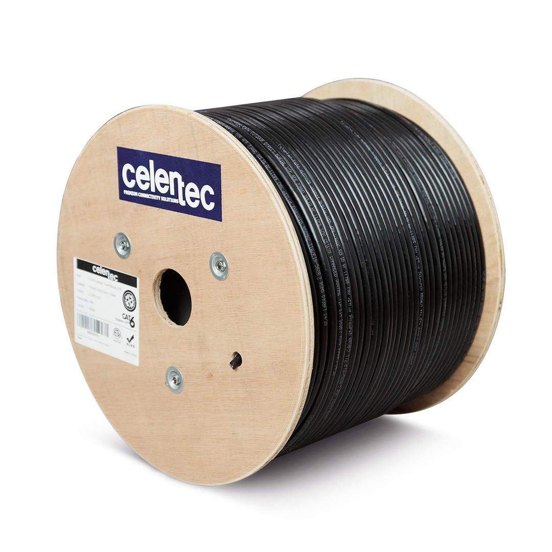 celertec CAT6 Outdoor Cable, 1000ft, 23AWG Solid Bare Copper, Unshielded Twisted Pair (UTP), UV Resistant, Weatherproof, CMX, ETL Listed, 550MHz, Bulk Ethernet Cable, Wooden Spool- Black