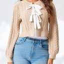 Saodimallsu Womens Cropped Cable Knit Cardigan Sweaters Long Sleeve Bow Tie Front Crew Neck Chunky Sweater Tops (Beige, XL)