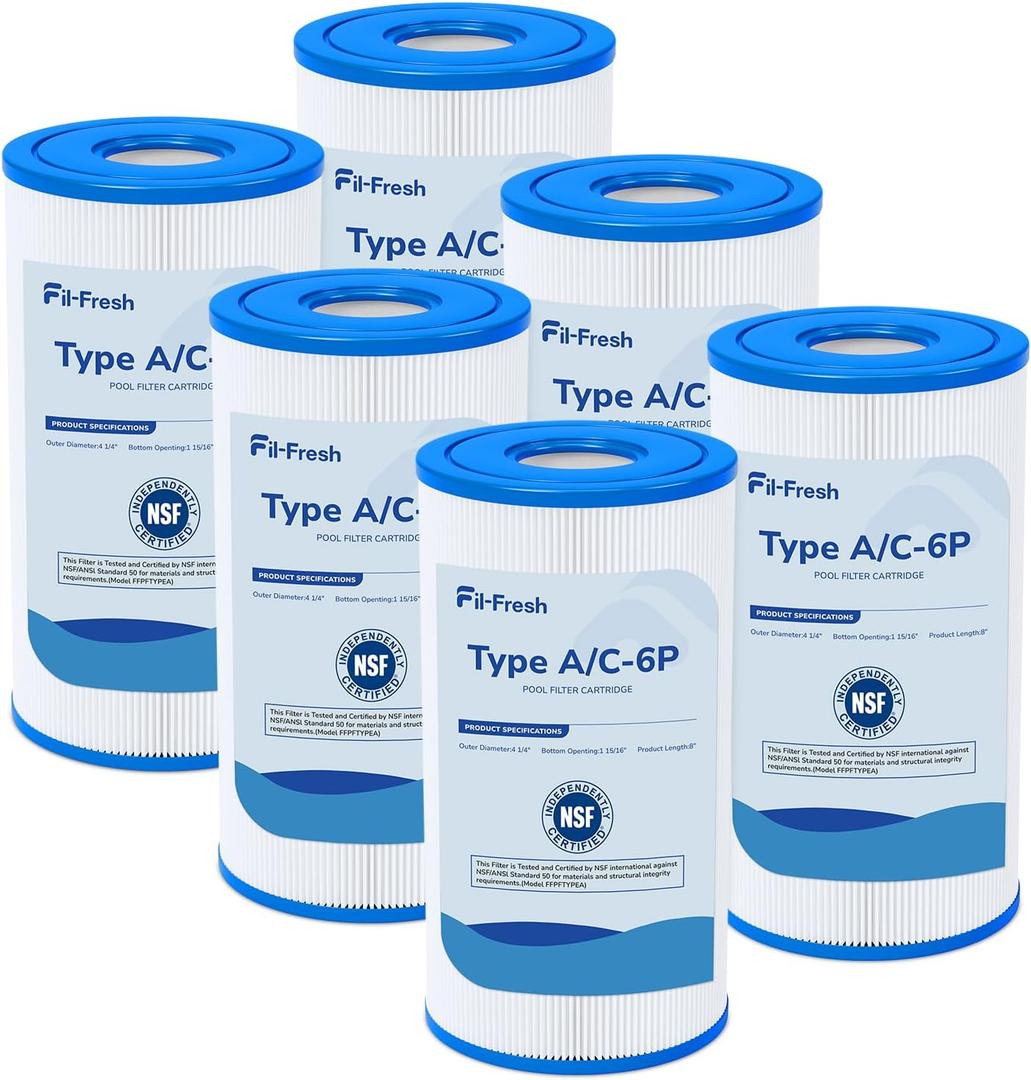Fil-fresh Type A or C Pool Filters Cartridge Compatible with Intex Krystal Clear 530/1000/1500 GPH Filter Pump, Replaces Intex Type A or C, 29000E, 6-Pack