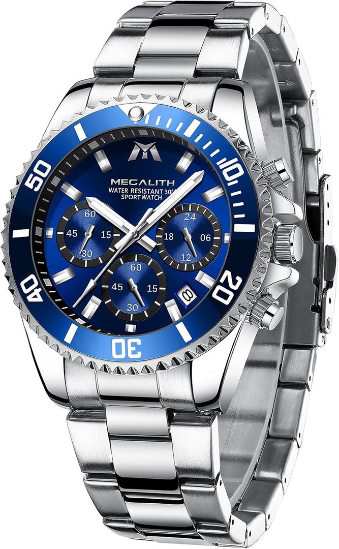 MEGALITH Mens Watches Stainless Steel Waterproof Analog Quartz Fashion Business Chronograph Watch for Men, Auto Date