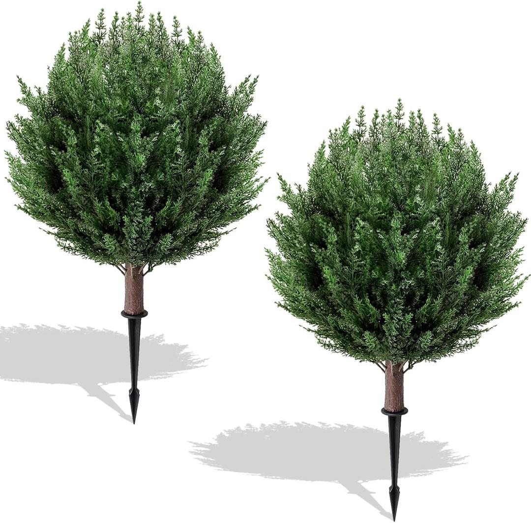 2 Pack 2FT Artificial Cedar Topiary Trees with Ground Spike, Fake Pine Shrubs Bushes, UV Resistant Faux Evergreen Cypress Tree Plants for Indoor Outdoor Planters Front Porch