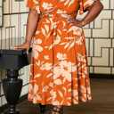 Women's Floral Plus Size 2 Piece Outfits Casual Short Sleeve Bandage Wrap Empire Crop Tops and Midi Skirt Sets, Orange, 1XL