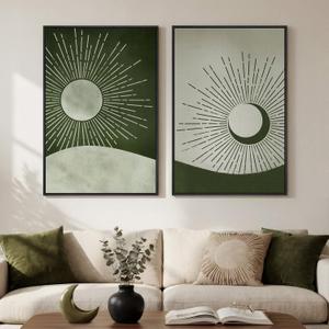 Large Framed Green Boho Abstract Canvas Wall Art for Living Room, 24x36 In, 24" W x 36" H x 2Pcs