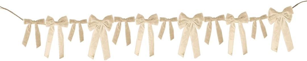 Meseey Christmas Ivory Velvet Bow Garland, 12PCS 5x10 Inch Pre-Made Velvet Bows, 6.56FT Long Christmas Garland with Bows for Christmas Tree, Wreath, Mantle, Holiday Party Home Decorations