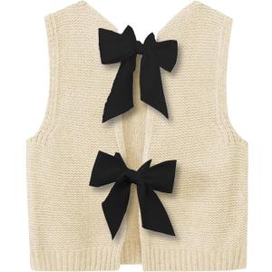 GORGLITTER Women's Bow Sweater Vest Tops Tie Knot Sleeveless Knit Crop Tank Top Cute Summer Vacation Going Out Outfits (Apricot, Small)