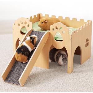 Guinea Pig Castle Extra Large, Sturdy Wooden Hideout House Ventilated Multi-Entry Small Animal Habitat, Easy to Assemble for Guinea Pigs, Bunnies, Hamsters, and Chinchillas