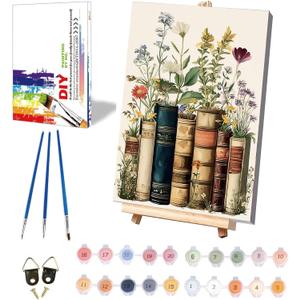 xackcme Book Paint by Numbers for Adults with Framed Canvas - with Wooden Easel, Flowers Paint by Number on Canvas, DIY Books Acrylic Oil Painting Kits with Brushes for Home Wall Decor (8x12 inch) (BKH1847)