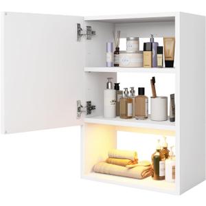Wall Mounted Storage Cabinets with Lights, Over-The-Toilet Storage Vanity, Bathroom Medicine Organizer Adjustable Shelves Cabinet for Small Spaces (White)
