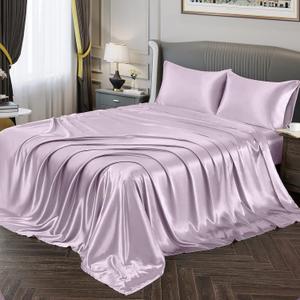 Vonty Satin Sheets Queen Size Silky Soft Satin Bed Sheets Luxury Lavender Sheet Set, 1 Deep Pocket Fitted Sheet + 1 Flat Sheet + 2 Pillowcases