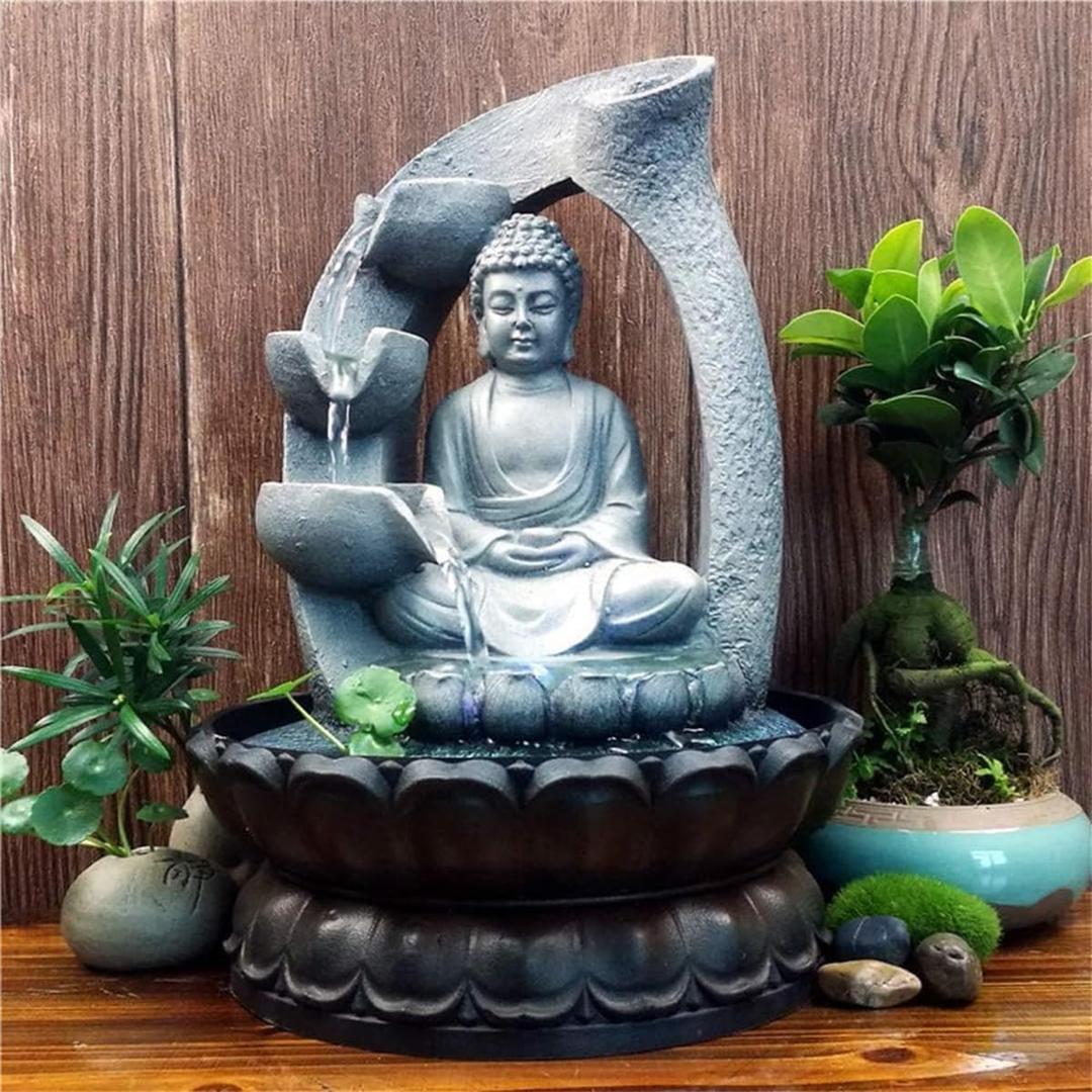 Buddha Tabletop Waterfall Fountain Meditation Relaxing Indoor Decoration, Zen Fountain for Home, Office, Bedroom Decoration (Grey 2)