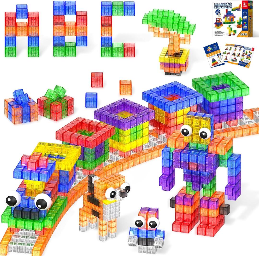 Goody King Large Magnetic Building Blocks with Toy Eyes, Montessori Sensory STEM Magnetic Cubes for Kids, 1''Travel Magnetic Blocks for Toddlers 3 4 5-8+ Year Old Boys Easter Birthday Girls(56PCS)