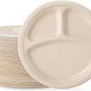 ECOLipak 125 Pack 3 Compartment Plates Disposable, 10 inch Heavy-Duty Compostable Paper Plates Made of Eco-Friendly Sugar Cane Fibers