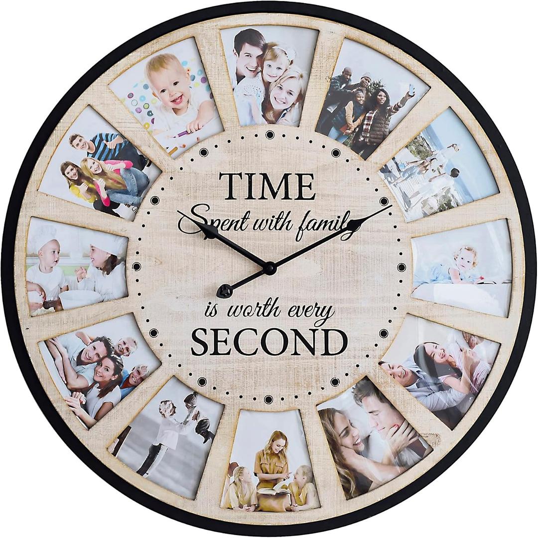 12 Photo Collage Rustic Wood Farmhouse Wall Clock, Large Family Picture Wall Clock for Living Room, Home, Kitchen, Silent Battery Powered 24 Inch Natural