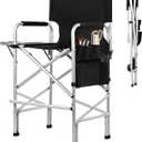 Makeup Chair for Makeup Artist 45.6'', Tall Directors Chairs Foldable for Clients with Side Table Cup Holder Storage Bag and Footrest, Folding Chair 400lbs Capacity Black