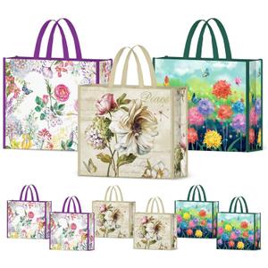 NymphFable 6 Pack Grocery Bags Reusable Peony Colorful Flowers Butterflies Shopping Bags Washable Foldable Tote Bag