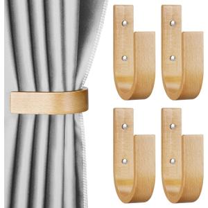 Kigley 4 Pcs Curtain Tiebacks Wood Holdbacks Wooden Curtain Hooks U Shaped Holders Wall Mount Pullbacks for Home Outdoor Decor(Wood Color)