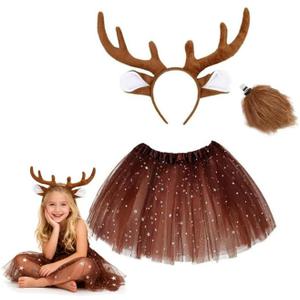 Yinxiang Jie Deer Antler Headband Set, Realistic Reindeer Antler Headband With Ears, Small Tail And Short Skirt, Christmas Party Role-Play Reindeer Costume Set, Christmas Eve Gift
