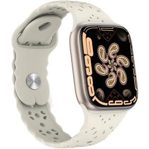 Floral Silicone Band Compatible with Apple Watch 38mm 40mm 41mm Women Men Hollow-Out Design Wristbands Soft Sport Breathable Watch Bands for iWatch Ultra SE Series 8 7 6 5 4 3 2 1 Starlight