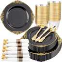 Nervure 175PCS Black Plastic Plates - Disposable Black Gold Party Plates & Pre Rolled Napkins with Cutlery for 25 Guests, 50Plates, 75Silverware, 25Cups, 25Napkin for Wedding & Party