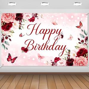 Avezano Floral Happy Birthday Banner for Women Girls Rose Gold Red Floral Birthday Party Decorations for Women Burgundy Flower B-day Party Supplies Banner (6x3.6ft)