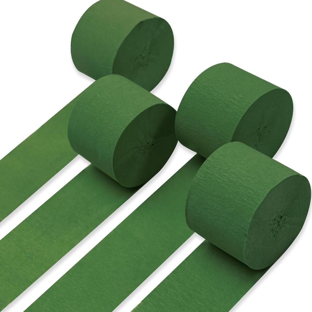 PartyWoo Green Crepe Paper Streamers 4 Rolls 328 ft Pack of Army Dark Green Crepe Paper for Graduation Christmas Jungle Birthday Party Decorations (1.8 Inch x 82 Ft/Roll), Green-13