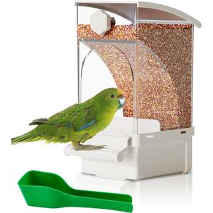 Hamiledyi Automatic Bird Feeder No Mess Bird Cage Feeder Transparent Acrylic Parrot Seed Food Container with Perch Cage Accessories for Parakeet Finch Lovebirds Budgies Canary (White)