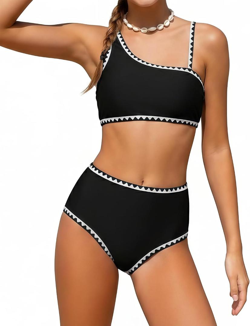 Girls Swimsuit 2 Piece Bikini Set Contrast Trim Bathing Suit Padded Solid Color Swimwear with Adjustable Strap 15-16Y