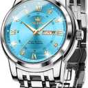 OLEVS Men Watch Blue Gold Analog Quartz Stainless Steel Waterproof Luminous Date Luxury Casual Watch
