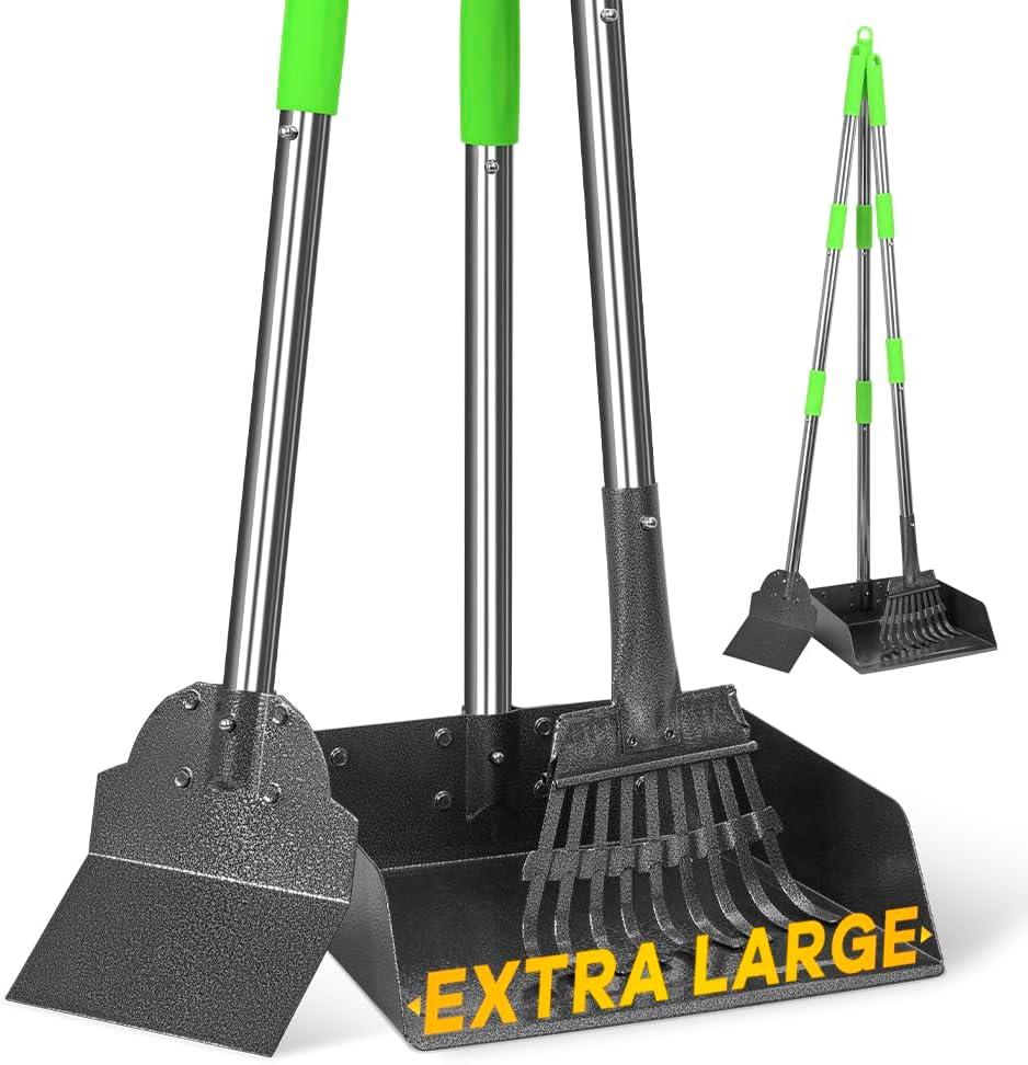 TOOGE Larger Pooper Scooper, Dog Pooper Scooper for Large Medium Small Dogs Heavy Duty Long Handle Metal Tray Rake Shovel Set for Yard Grass (1. Rake & Shovel & Large Tray)