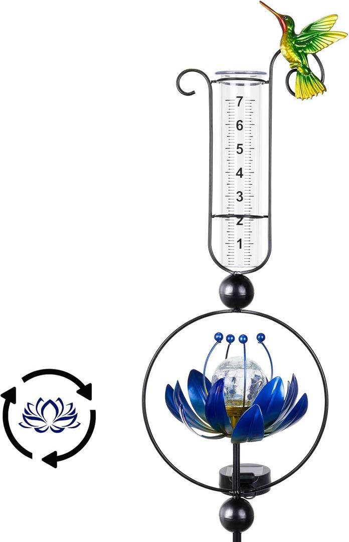 Rain Gauge Outdoor,42 Inch Solar Rain Gauges Decorative with Lotus Flower Spinner Light, Large Number Plastic Tube Rain Catcher Freeze Proof Hummingbird Water Gauge for Garden Yard Lawn