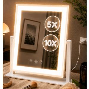 DECADENCE 14.1 x 12.1 in Lighted Makeup Mirror, 10X/5X Magnifiers | Plug-in tabletop vanity mirror with 3 color lighting, dimmable touch control, 360° rotation, and removable 10X/5X magnifiers.