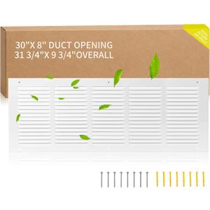 30 x 8 Return Air Grille Duct Opening, White Steel HVAC Vent Cover, Ceiling Sidewall Floor Cold Air Intake Register Grille, Outer Dimensions: 31.75"W x 9.75"H