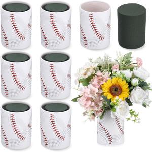 6 Set 5 Inch Baseball Table Centerpiece Sports Round Flower Box with Paper Removable Foam Vase for Artificial Flowers Baseball Utensil Holder Kitchen Home Party Decorations