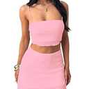 Summer Two Piece Outfits for Women Vacation Going Out Plisse Crop Tops High Waisted Bodycon Mini Skirt Sets (X-Small)
