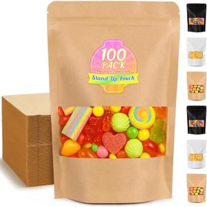 100 PCS Trail Mix Bags, 3.5 x 5.5'' MINI Seed Envelopes Resealable, Small Kraft Granola Bags with Clear Window, Food Storage Bag, Resealable Samples Bag for Coffee Samples, Spices, Candy, Tea (Yellow)