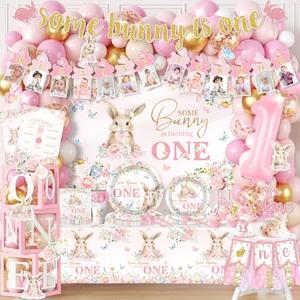 Some Bunny is One Decorations, All-in-1 Easter Bunny First Birthday Decorations Girl with Balloons Photo Banner Highchair Banner One Boxes Plates Napkins Cake Toppers Tablecloth Backdrop Easter Decor