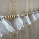 Halloween Banner, Cute Halloween Ghost with Wooden Beads Garlands, Handmade Rustic Banner for Wall Home Indoor Outdoor Doorways & Home Mantel Decor Supplies (White Ghost)